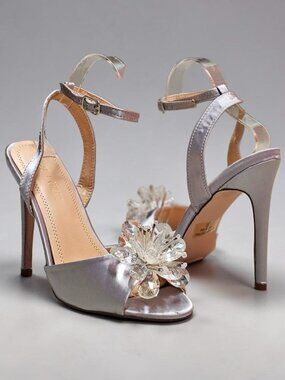 Crystal Embellished Silver Satin High Heel Sandals With Ankle Strap & Peep Toe F